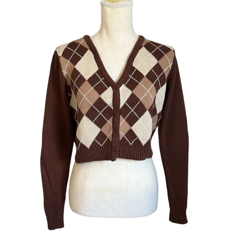 Forever 21 Copped Sweater Button up Cardigan Brown Argyle Women’s Size Small